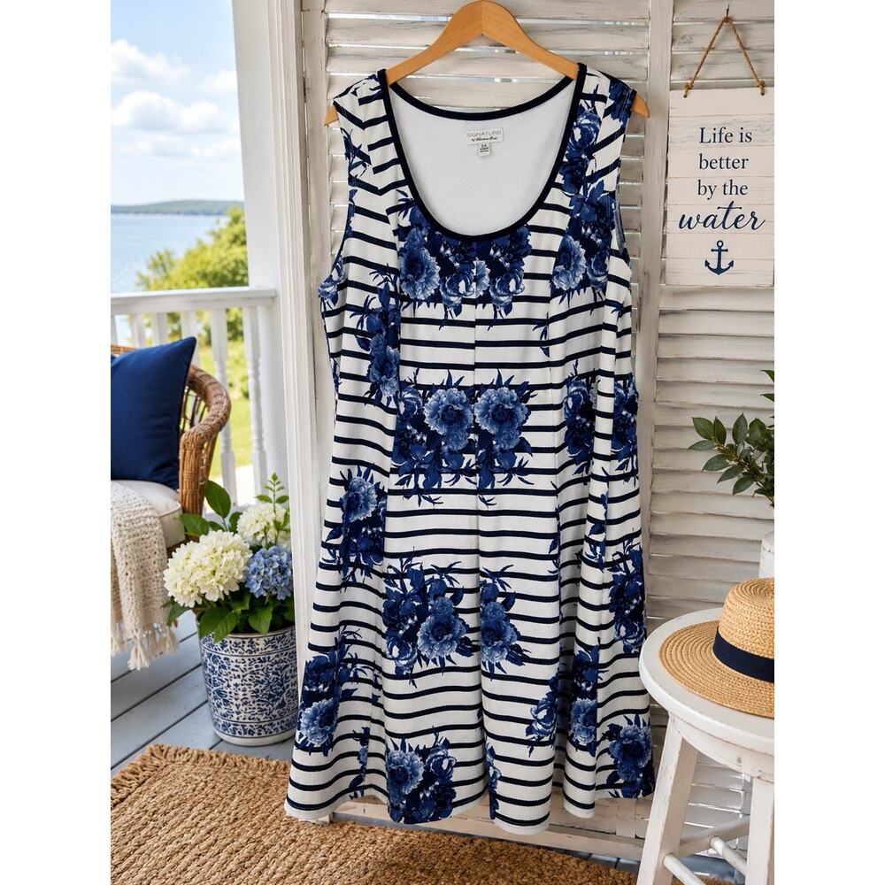 Robbie Bee Signature Dress 2X Blue White Floral Stripe Sleeveless XXL - Picture 2 of 7